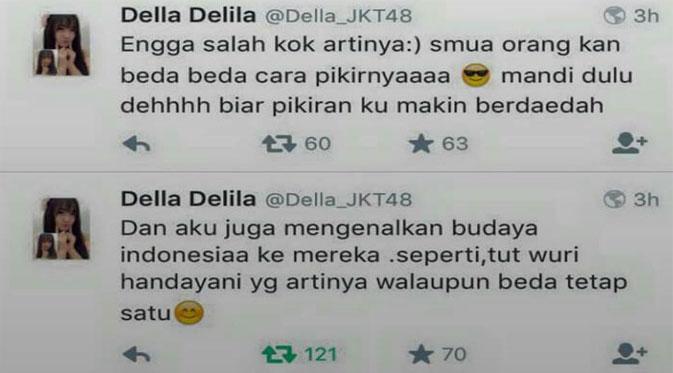 Kicauan Twitter Della Delila alias Della JKT48 yang kontroversial | Via: kaskus.co.id