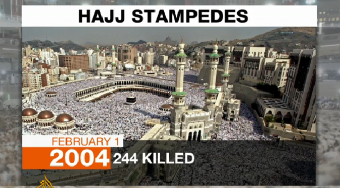 1 Februari 2004. Kejadian serupa juga menewaskan 244 jamaah dan menyebabkan ratusan korban luka-luka pada hari terakhir rangkaian ibadah haji. |  via: aljazeera.com