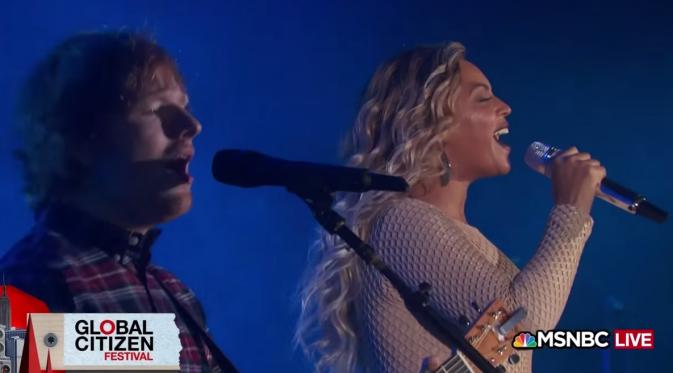 Ed Sheeran dan Beyonce di ajang Global Citizen Festival 2015. (MSNBC)