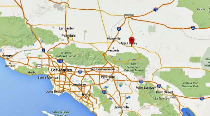 Lucerne Valley terletak di arah timur laut dari kota Los Angeles, California (Google Maps)