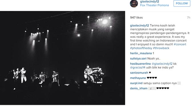 Gisela Cindy mengungkapkan pendapatnya usai menyaksikan konser NOAH di Los Angeles. (foto: instagram.com/giselacindy12)