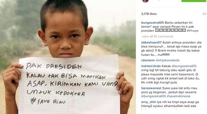 Bunga Zainal memposting pesan untuk presiden agar tanggulangi kabut asap. (Instagram @bungazainal05)