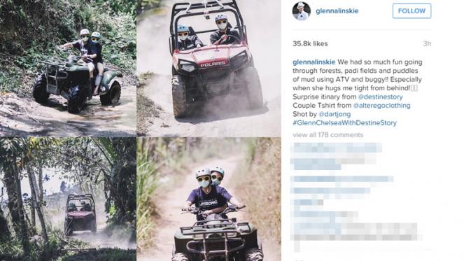 Sejoli itu menutup rapat mulut dan mata mereka saat berboncengan di atas ATV (sumber foto: Instagram Glenn Alinskie )