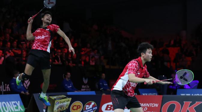 Ganda campuran Indonesia Tontowi Ahmad/Liliyana Natsir melaju ke final Denmark Open Super Series Premier 2015, Sabtu (17/10/2015). (Liputan6.com/Humas PP PBSI)