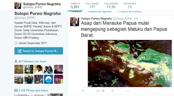 Kepala Pusat Data Informasi dan Humas Badan Nasional Penanggulangan Bencana Sutopo Purwo Nugroho mengunggah foto citra Pulau Papua. (Twitter)