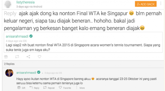 Anisa Rahma ajak fansnya nonton tenis ke Singapura. (dok. migme)