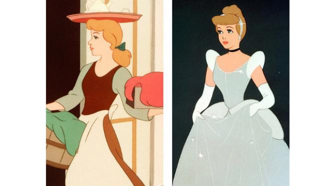 Cinderella dengan gaun rumahnya dan dengan gaun hasil sihir ibu peri. (foto: Walt Disney)