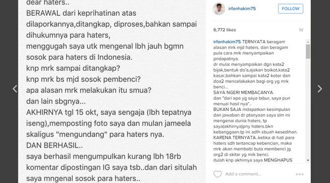 Irfan Hakim memberi penjelasan soal sengaja tantang haters komentar foto selfienya bersama Mulan Jameela. (foto: instagram.com/irfanhakim75)