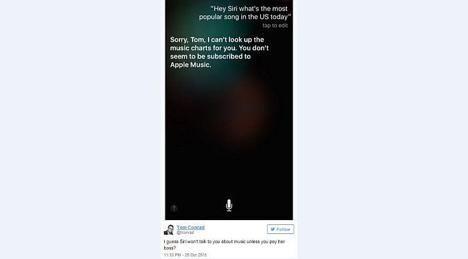 Siri menolak menjawab pertanyaan yang diajukan oleh non pengguna layanan streaming musik Apple Music (Foto: Business Insider)