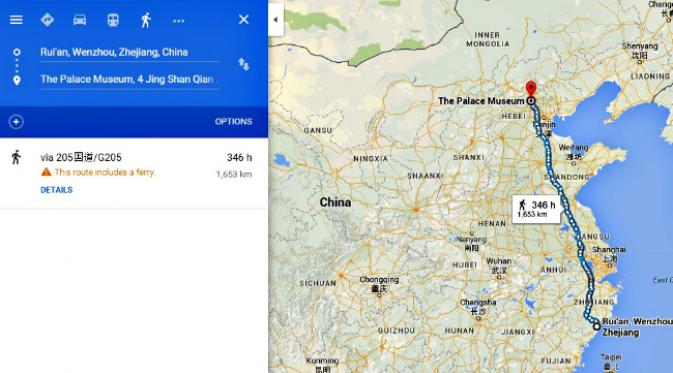 Perjalanan dengan kaki sejauh 1.653 kilometer dari Kota Terlarang di Beijing menuju Rui'an di Zhejian dapat ditempuh dalam waktu 346 jam. (Sumber Google Maps)