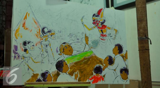 Salah satu lukisan karya almarhum Pak Raden yang belum terselesaikan terlihat di ruangan di rumah duka Petamburan III, Jakarta (30/10/2015). Sang kreator Si Unyil ini senantiasa menemani kita sejak tayang pada tahun 1981. (Liputan6.com/Faisal R Syam)