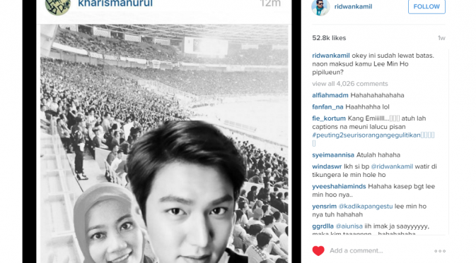 foto editan pengguna Instagram yang mengganti wajah Kang Emil dengan wajah Lee Min Ho [foto: instagram/ridwankamil]
