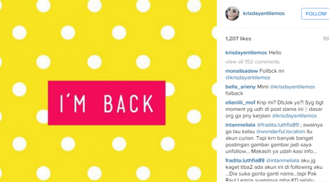 Usai akunnya diretas, Krisdayanti kembali ke Instagram dengan akun baru [foto: instagram/krisdayantilemos]