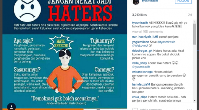 Postingan Tyas Mirasih di Instagram