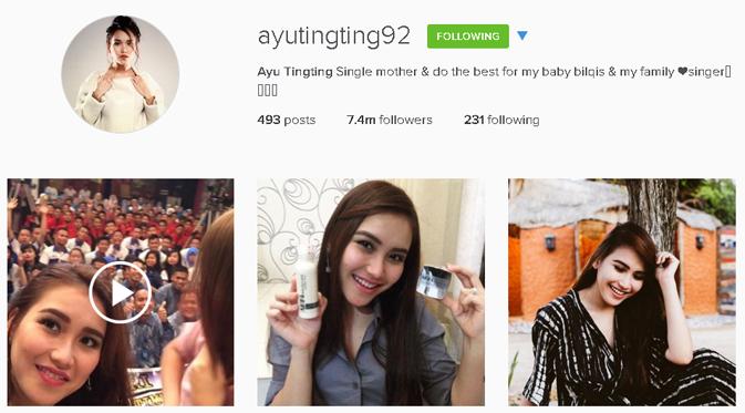 Akun Instagram Ayu Ting Ting memiliki followers sebanyak 7.315.325. (via instagram.com/ayutingting92)