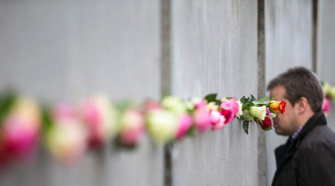 Seorang pria terlihat di deretan bunga mawar yang diselipkan di dinding peringatan Tembok Berlin di sepanjang jalan Bernauer Strasse selama upacara menandai ulang tahun ke-26 runtuhnya Tembok Berlin, Jerman, Senin (9/11). (REUTERS/Hannibal Hanschke)