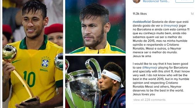 Rivaldo mendukung Neymar bisa menjadi pemain terbaik dunia 2015 melalui Instagramnya