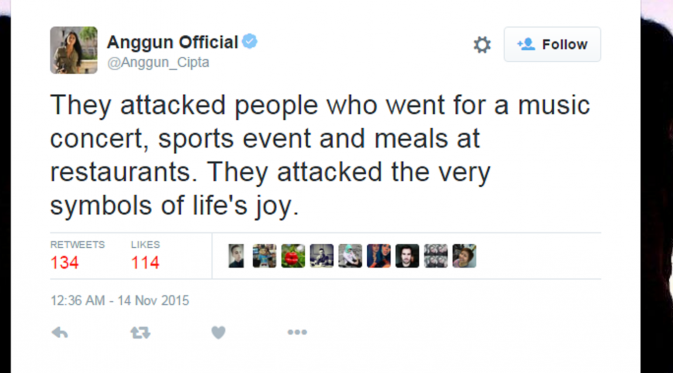 Rasa duka Anggun di Twitter atas teror Paris.