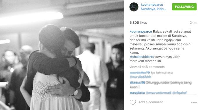 Keenan Pearce mengunggah fotonya memeluk Raisa dengan keterangan foto yang manis. (foto: instagram.com/keenanpearce)