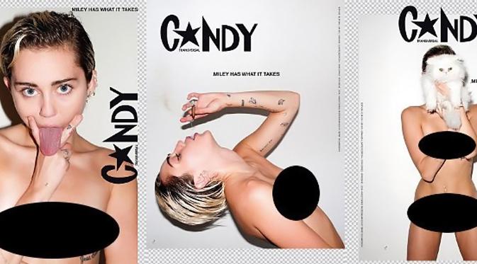 Foto senonoh Miley Cyrus di majalah Candy hasil pemotretan dengan fotografer kontroversial Terry Richardson. (foto: aceshowbiz)