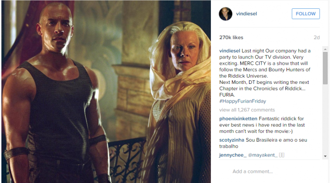 Vin Diesel bersuara soal masa depan Riddick di Instagram. (Instagram)