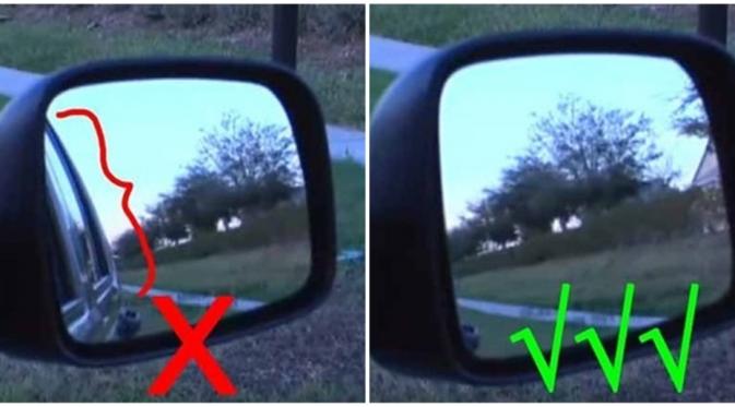 Peletakan cermin spion. Spion dibuat bukan untuk melihat badan mobilmu secara keseluruhan, melainkan kondisi di sekitar mobilmu. Pasang yang benar! (Via: youtube.com)