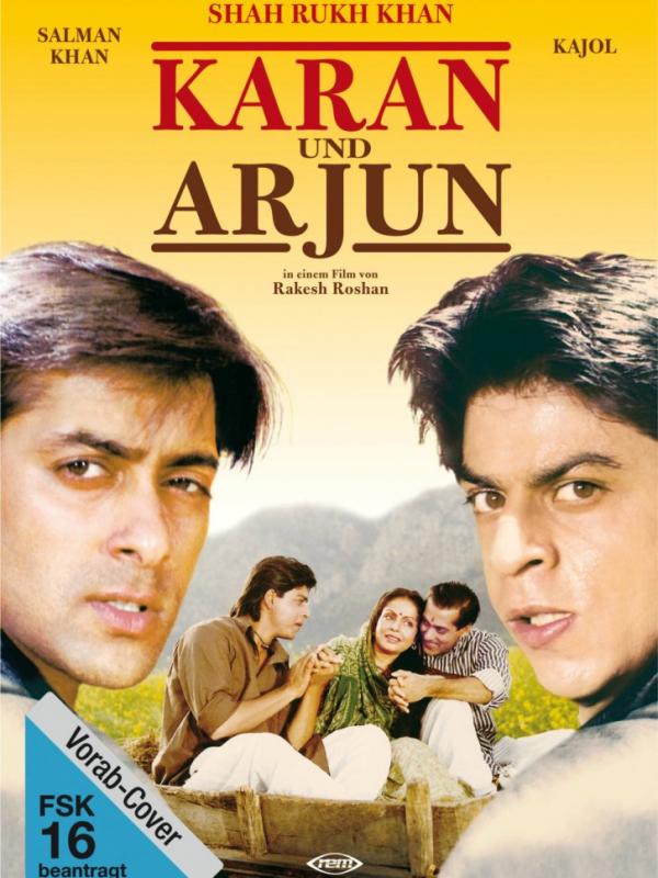 Poster film Karan Arjun, yang dibintangi Shahrukh Khan dan Salman Khan.