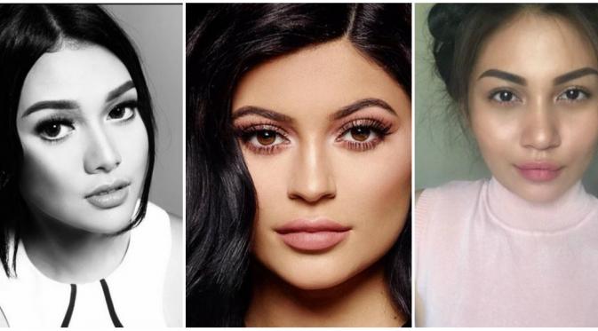 Dengan riasan kontur wajah, bingkai alis, dan fully lipstik ala Kylie Jenner, siapa yang lebih mirip, Aurel atau Ariel Tatum?