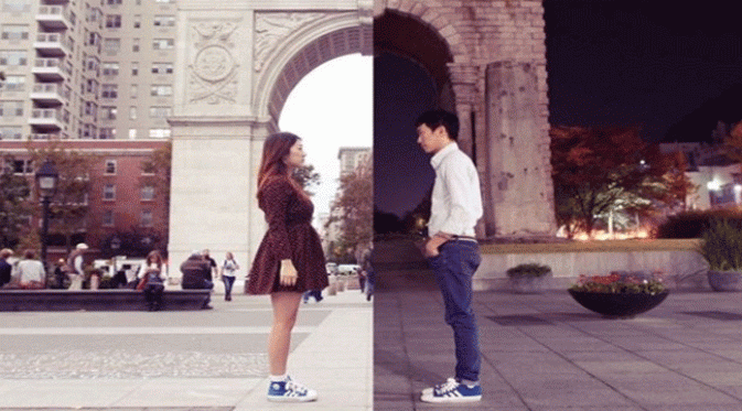 pasangan asal Korea, Danbi Shin dan Seol Li lewat sebuah foto kolase yang menjembatani jarak antara mereka. (Oddity Central)