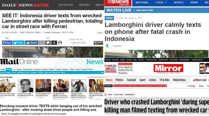 Artikel media asing yang menyoroti kecelakaan Lamborghini maut. (Beberapa Sumber)