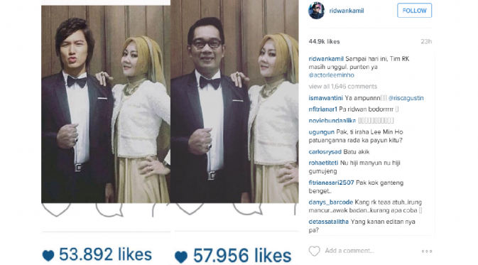 Ridwan Kamil berhasil ungguli Lee Min Ho [foto: Instagram/ridwankamil]