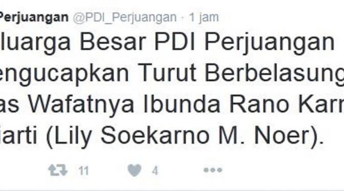 Akun Twitter PDI Perjuangan juga mengucapkan duka atas meninggalnya Ibunda Rano Karno. (Twitter)