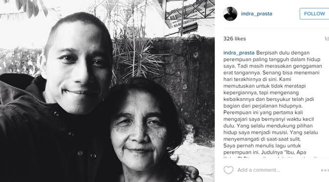 Indra Prasta menuliskan curahan hatinya atas kepergian ibunda tercinta. (foto: instagram.com/indra_prasta)