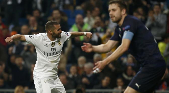 Striker Real Madrid, Karim Benzema usai jebol gawang Malmo (Reuters/Liputan6.com)