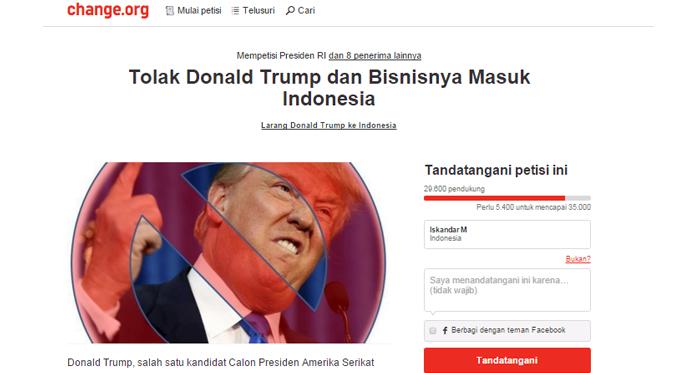 Petisi `Tolak Donald Trump dan Bisnisnya Masuk Indonesia` (change.org)