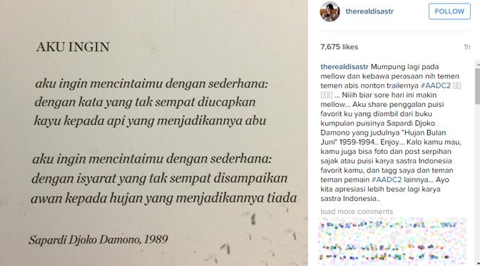 Dian Sastrowardoyo mengunggah puisi setelah teaser trailer AADC 2 resmi dirilis. (foto: instagram.com/therealdisastr)