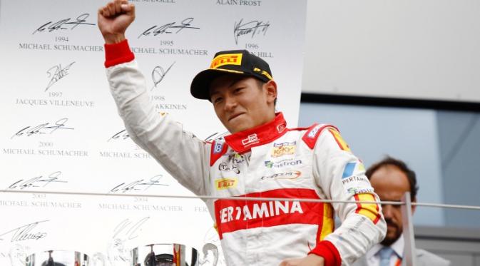 Ekspresi kegembiraan Rio Haryanto setelah menjuarai Sprint Race GP2 Austria, 21 Juni 2015. (Rio Haryanto Media)