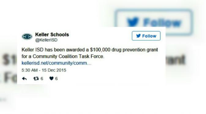 Sekolah ini mendapat hibah Rp 1,4 miliar untuk pendidikan terkait penyalahgunaan narkoba. (Sumber @KellerISD)
