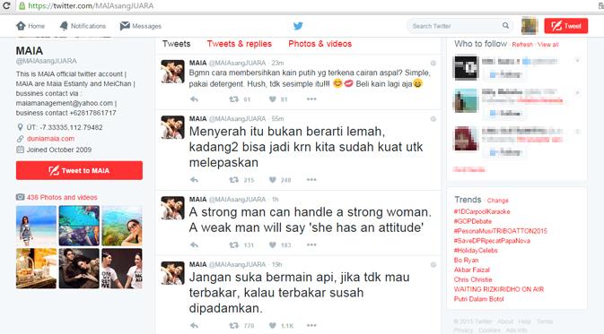 Kicauan Maia Estianty di Twitter seolah tertuju kepada Mulan Jameela atas permintaan maafnya. (foto: twitter.com/MAIAsangJUARA)