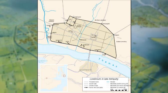 Peta London saat menjadi wilayah Kekaisaran Romawi (Wikipedia)