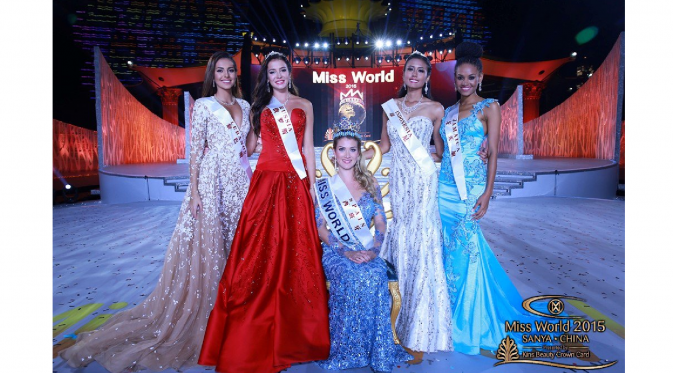 Indonesia kalahkan pesaing asal Jamaica dan Lebanon di kontes Miss World 2015 [foto: twitter/missworldltd]