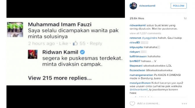 Ridwan Kamil Jadi Tempat Curhat dan Konsultasi Kehamilan [foto: instagram/ridwankamil]