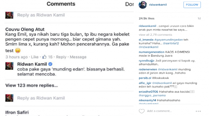 Ridwan Kamil Jadi Tempat Curhat Hingga Konsultasi Kehamilan [foto: instagram/ridwankamil]