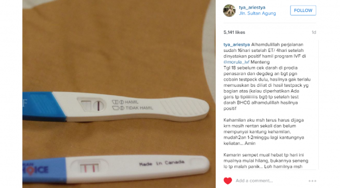 Setelah menjalani program bayi tabung, Tya Ariestya positif dinyatakan hamil [foto: instagram/tya_ariestya]