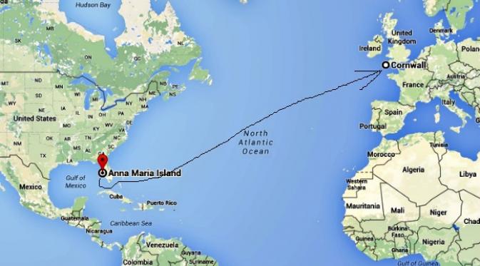Ilustrasi tempat keberadaan pulau Anna Maria (Florida, AS) dan Cornwall (Inggris). (Sumber Google Maps)