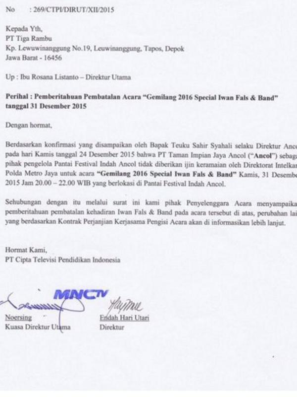 Inilah Surat pembatalan konser Iwan Fals dan MNCTV. (Twitter)