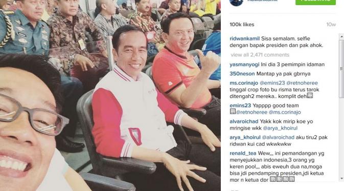 Ridwan Kamil Selfie bersama Jokowi dan Ahok. (Instagram @ridwankamil)