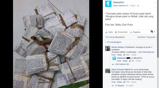 Screenshot tautan Sarkashirt di Facebook mengenai tempe bungkus Alkitab. (Via: facebook.com/sarkashirt)