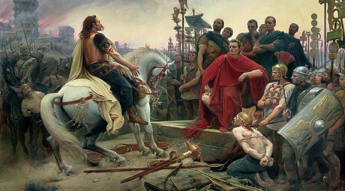 Vercingetorix meletakkan senjata di kaki Julius Caesar (Wikipedia)
