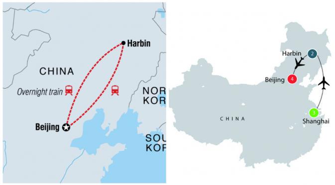 Peta perjalanan ke festival di Harbin. (Sumber intrepidtravel.com dan oddisseytraveler.com)